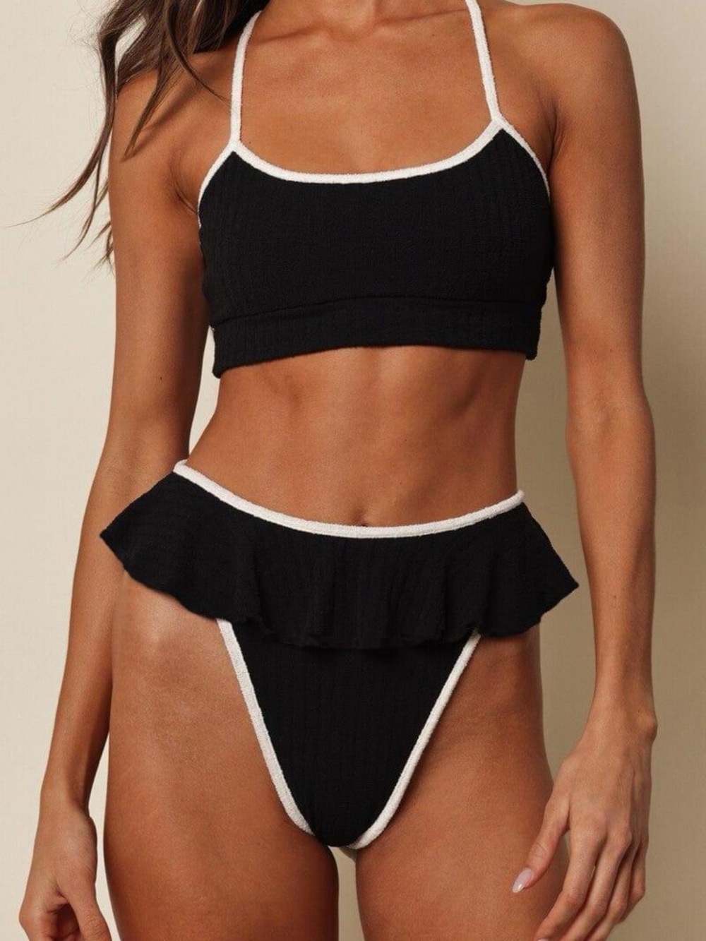Montce Black White Terry Rib Ruffle Bikini Swim Set. XS/ XS